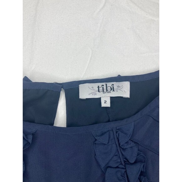TIBI Dress Women Size 2 Navy Blue 100% Silk Long Sleeve Ruffle Detail Keyhole - Picture 2 of 5